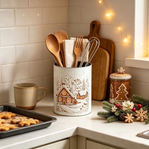 Christmas Canister Set of 2, Embossed Gingerbread House Metal Storage Jars with Wooden Lids, Winter Snow Village Decorative Cookie Tins for Candy Treats, Farmhouse Xmas Kitchen Countertop Home Decor