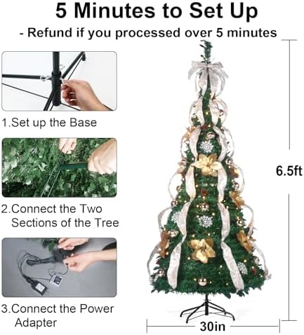 6.5FT Pop Up Christmas Tree Pre-Decorated with LED Lights Instant Setup Foldable Xmas Tree for Indoor&Outdoor All-Weather Remote Control