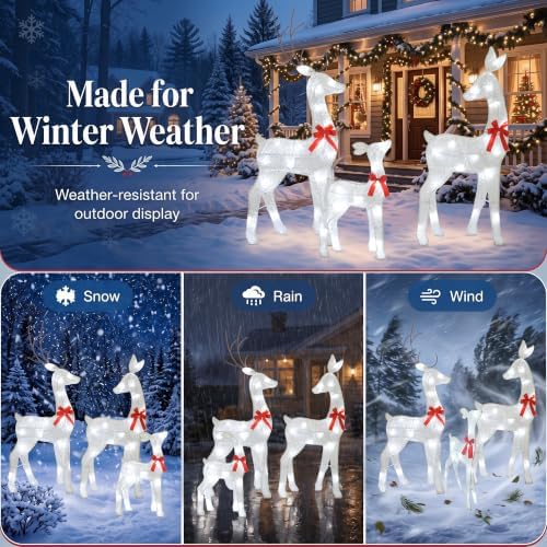 34IN 3-Piece 2.5D Lighted Christmas Deer Family Outdoor Decorations, White Pre-Lit Reindeer Set with 45 Lights, Stakes and Zip Ties for Yard Lawn Porch Garden Patio Holiday Party Decor