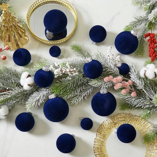 Navy Blue Velvet Christmas Ball Ornaments-46pcs Flocked Tree Decorations