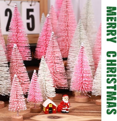 30Pcs Mini Christmas Trees Artificial Christmas Tree Bottle Brush Trees with Wooden Base for Christmas Decor Christmas Party Home Table Craft Decorations(Pink+White)