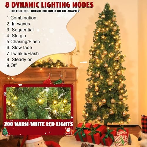 31 Pcs 6 Ft Artificial Slim Christmas Tree with 200 LED Warm White String Lights 30 Gold Ball Ornaments Skinny Thin Pencil Tree with Metal Stand for Home Xmas Holiday Party Decoration