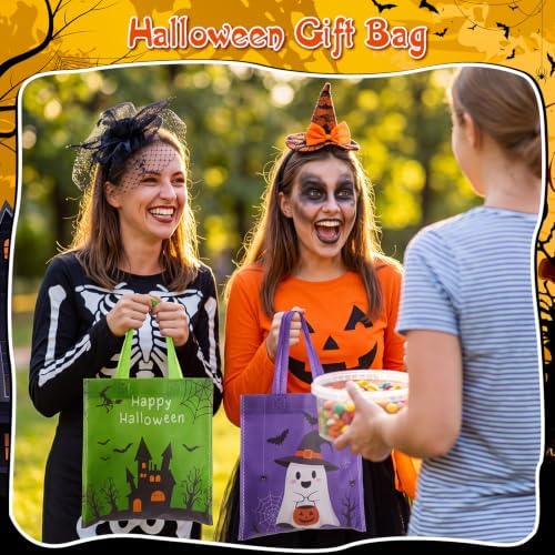 Sweetude 120 Pcs Halloween Tote Bags Bulk Trick Treat Bag with Handles Reusable Non Woven Halloween Treats Party Gift Favors Bags for Kids(Spider Pumpkin)