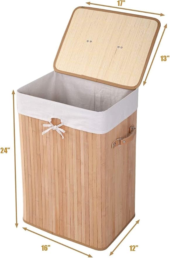 Byroce Bamboo Laundry Basket, Collapsible Laundry Hamper with Lid, Removable Liner & Handles, Dirty Clothes Toys Storage Bin for Laundry Room, Bedroom, Bathroom (Beige)