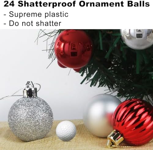 Silver & Red 3.2" Large Christmas Balls - Christmas Tree Decoration Ornaments Shatterproof Hanging Balls for Birthday Halloween Holiday Wedding Decorations Set of 24pcs