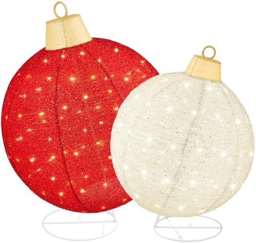 Best Choice Products 2pc Lighted Pop-Up Outdoor Christmas Ornament Set, Holiday Ball Decoration w/ 180 LED Lights, 8 Light Functions - Red/White