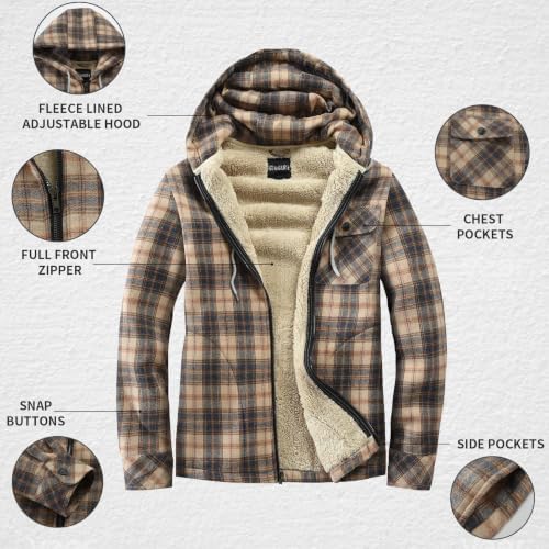Elesuit Men's Full Zip Fleece Flannel Jacket Shirt Plaid Cotton Hoodie Coat