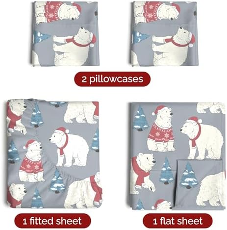 Christmas Sheet Set, Santa Bears, Holiday Xmas Bedding Set - Full Size