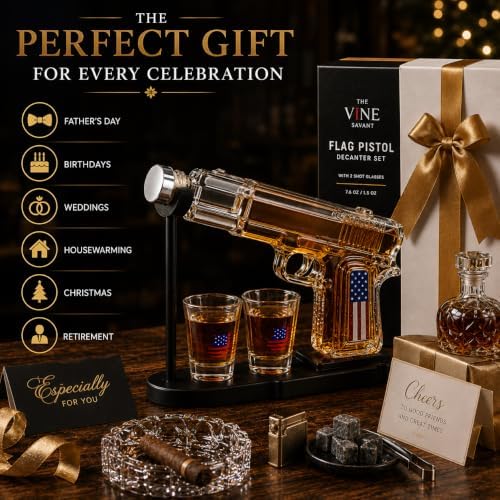 Patriotic Gun Whiskey Decanter Set, 2 American Flag Shot Glasses & Stand - Best Unique Gifts for Men, Birth Day Gift, Men. Pistol Liquor Dispenser Novelty Present for Home Bar Decor. Gifts for Him