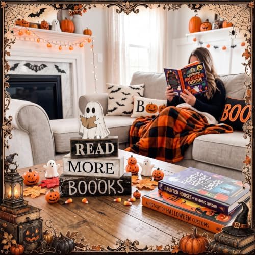 Moucuny 4 Pcs Halloween Table Decoration Wooden Ghost Reading Stacked Block