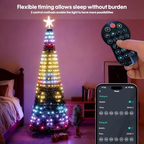 Super RGB Smart Christmas Tree Lights 6FT 400LED, DIY Color Changing Waterfall Xmas Tree Lights with Ring & Top-Star, Remote & APP Control, RGB-IC Dynamic String Light, Music Sync for Indoor Decor