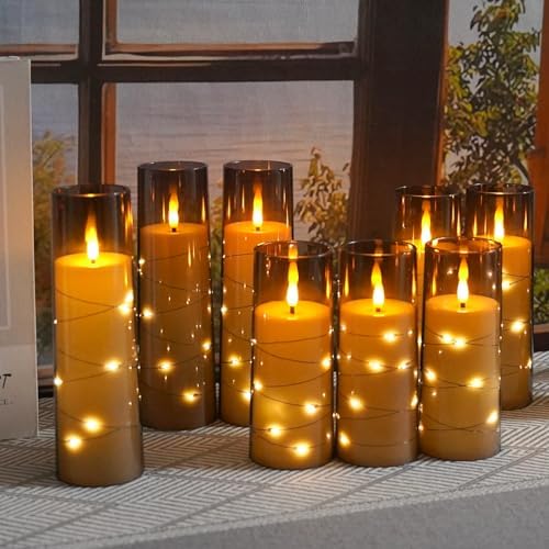 kakoya Flameless LED Candles with Timer 9 Pc Flickering Flameless Candles for Romantic Ambiance and Home Decoration Stable Acrylic Shell,with Embedded Star String，Battery Operated Candles（Grey）
