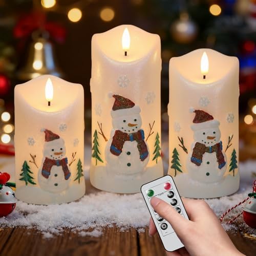 Snowman Carved Flameless Candle Battery Operated with Remote Timer