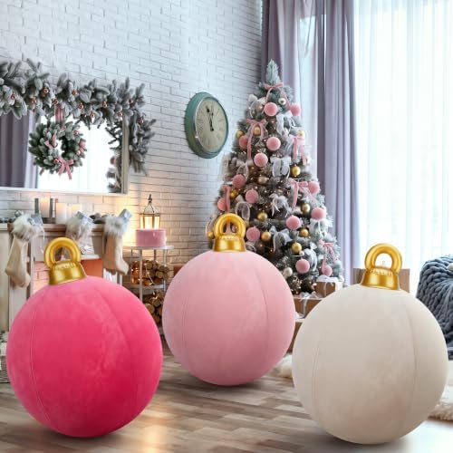 3 Pcs 32 Inch Velvet Christmas Inflatable Balls, Hot Pink, Blush, Beige