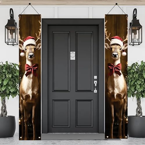 2PCS Christmas Porch Banner Decoration Reindeer Door Sign Hanging Decorations for Outdoor Indoor 71 x 12 Inch Front Door Xmas Decor Holiday Wall Fireplace Entryway Banner Party Supplies