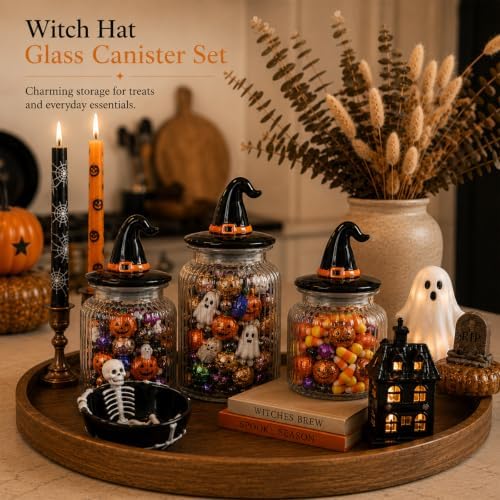 Mimorou 3 Set Halloween Glass Jar with Witchy Hat Lid Halloween Clear Candy Jar Food Storage Canister with Airtight Ceramic Lid for Fall Autumn Party Tea Cookie Table Decoration