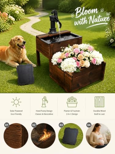 Outdoor Water Fountain, Floor Wooden Rectangular Double-Layer Old-Fashioned Hand Pump Fountain with Flower Box, Solar-Powered Electric Decorative Water Feature for Garden Patio Backyard