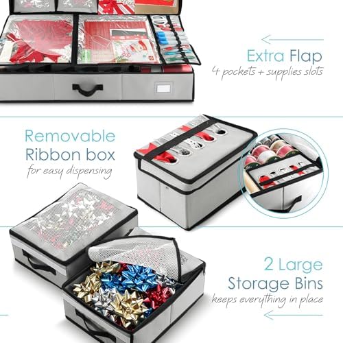 Hearth & Harbor Wrapping Paper Storage Container with Ribbon Dispenser and Interior Pockets - Large Christmas Storage Containers with Wheels, Fits 30 Rolls of 40" Length, Silver