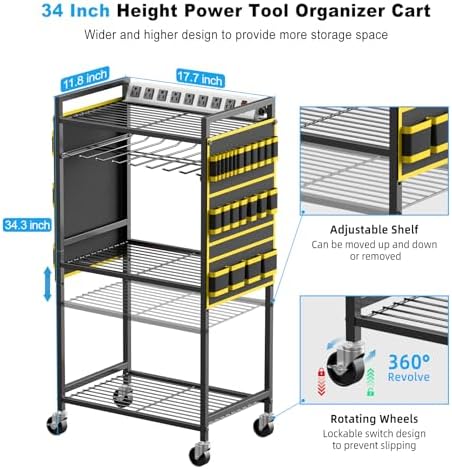 JUNNUJ Power Tool Organizer Cart with Charging Station, 10 FT Cord, Yellow