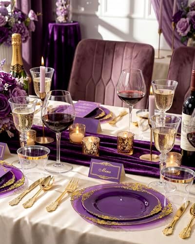 Nervure 175Pcs Purple Plastic Plates, Plastic Dinnerware Set for 25 Guests
