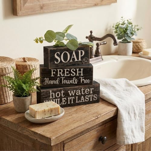 Lineshading 4 Pcs Wooden Bathroom Block Signs, Farmhouse Shelf Decor