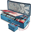Hearth & Harbor Wrapping Paper Storage Container - Christmas Storage Bag with Ribbon Dispenser and Interior Pockets - Gift Wrap Organizer Fits Up to 26 Rolls of 40" Length, Blue
