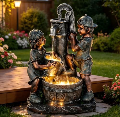 26" Boy and Girl Outdoor Fountain LED 3-Tier Cascading Waterfall