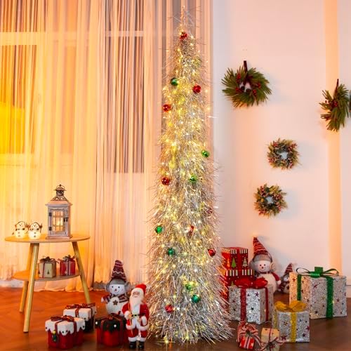 Christmas Tree 6FT Artificial Xmas Decor Pop Up with Decoration Silver