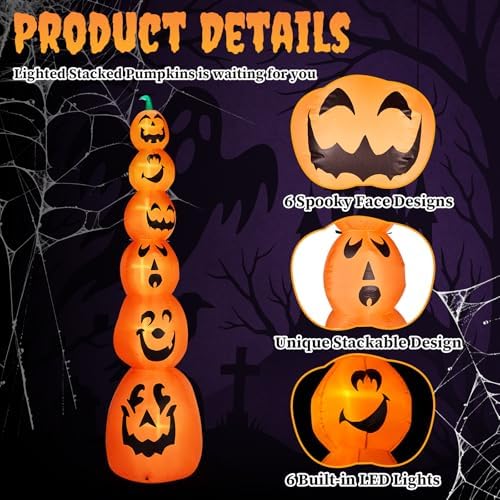 Outvita Halloween Inflatable Stacked Pumpkins 9FT, Blow Up Outdoor Decoration with 6 Pumpkins & LEDs, Halloween Decor for Yard, Party, Garden