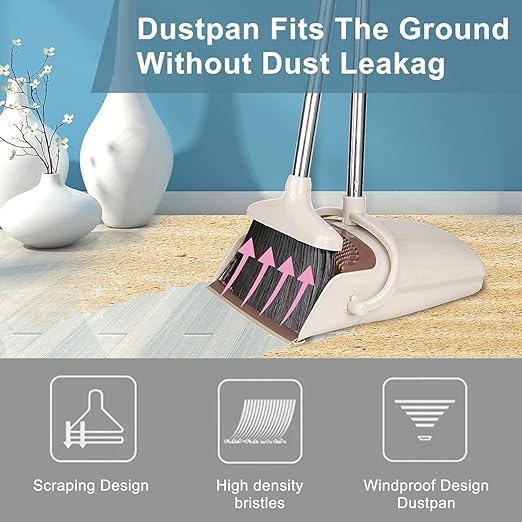 Stainless Steel & Plastic Broom Brush with Dustpan Combo Set,Premium 180° Rotating Removable Brush with Extendable Long Handle, Upright and Lightweight Floor Cleaning for Home Room Office Lobby