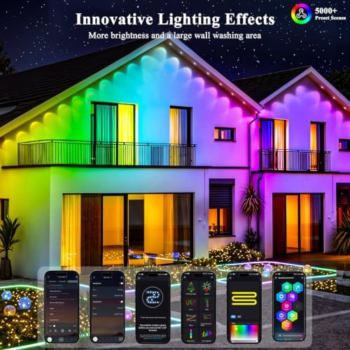 300FT Permanent Outdoor Lights, Smart RGB+IC Eaves Lights for House, App & Remote Control, LED Roofline Lights, Waterproof Exterior House Lights for Year-Round Christmas & Holiday Lighting