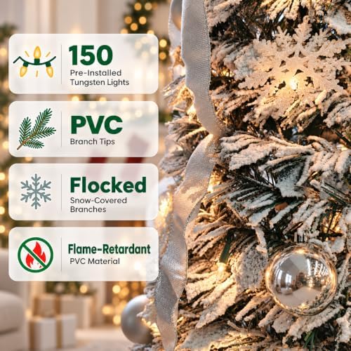 6FT Pop Up Christmas Tree with Lights, Prelit Collapsible Snow Flocked Christmas Tree with Warm Lights, Decorated Popup Xmas Trees for Holiday, Party Decoration