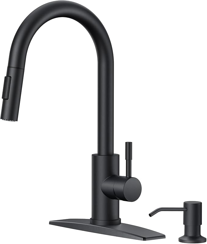 FORIOUS Black Kitchen Faucet with Soap Dispenser, High Arc Modern Sink Faucet with Pull Down Sprayer and Deck Plate, Stainless Steel Fit for 1 or 3 Hole for Pot Filler Bar Farmhouse Laundry Rv