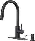 FORIOUS Black Kitchen Faucet with Soap Dispenser, High Arc Modern Sink Faucet with Pull Down Sprayer and Deck Plate, Stainless Steel Fit for 1 or 3 Hole for Pot Filler Bar Farmhouse Laundry Rv