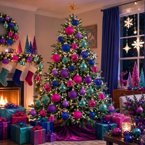 Lunmon 64 Pcs Christmas Ball Ornaments Blue Purple Hot Pink Teal Xmas Bulbs Ornament 1.6/1.97/2.4 Inch Plastic Hanging Decoration Assorted Size Christmas Decorations for Tree Home Wreath Party Decor