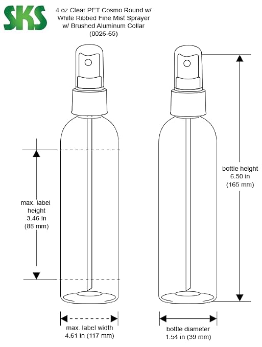 4 oz Clear PET Cosmo Round Bottles w/White Sprayers w/Brushed Aluminum Collars