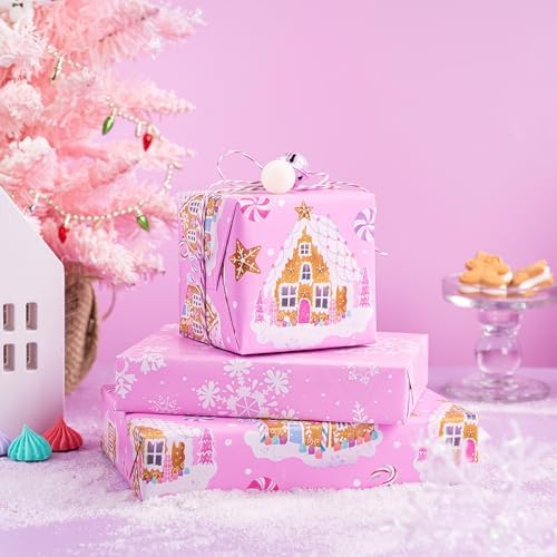 WRAPAHOLIC 30 Inch Reversible Gingerbread Christmas Wrapping Paper - 30 Inch x 33 Feet - Pink Gingerbread House and Snowflake with Embossed for Christmas, Holiday, Party Celebration