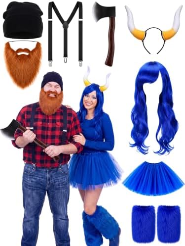 8 Pcs Lumberjack Blue Ox Costume Accessories Men Women Couple