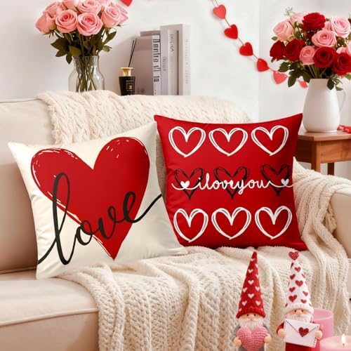 Valentines Day Decorations-Valentine Pillow Covers 18x18 Set of 4, Red Hearts I Love You Happy Valentine's Day Throw Outdoor Pillow Covers Anniversary Wedding Cushion Case for Home Sofa Couch Decor