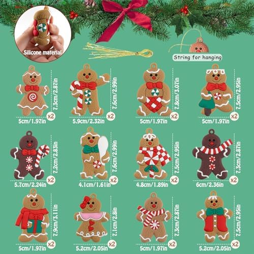 24pcs Gingerbread Man Ornaments for Christmas Tree, Assorted Gingerbread Figurines Ornaments, Christmas Tree Hanging Decorations, 3 Inch Tall
