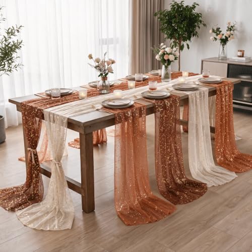 Artoid Mode 6PC Beige Caramel Orange Gauze Table Runner 120 Inch 10FT, Glitter Metallic Foil Sheer for Wedding Anniversary Holiday Birthday Home Party Decor