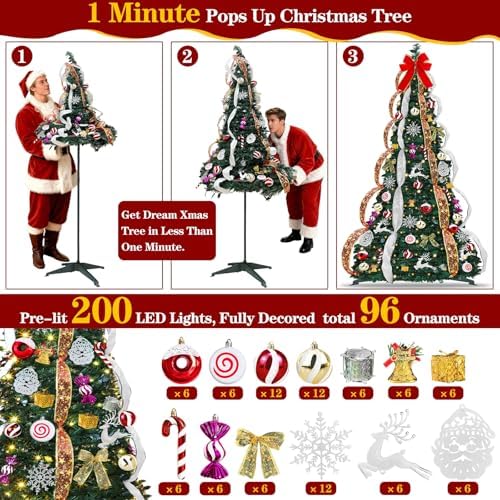 6 FT Prelit Pop Up Christmas Tree with 200 Warm White & Multicolor Lights 8 Modes & Timer Fully Decorated 103 Ornaments, Collapsible Pull Up Christmas Tree with Lights for Indoor Home Party Decor