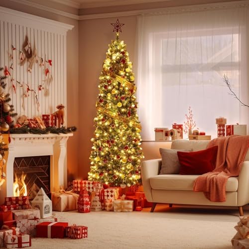 GarveeHome Pencil Christmas Tree Pre-lit Slim Holiday Decoration, Skinny Décor LED Lights, Metal Stand,Xmas Tree for Room, Bedroom, Apartment, Outdoor Porch, Office (Green and White, 9 ft)