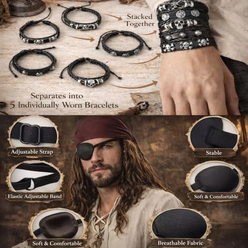 9PCS Men's Pirate Costume Set,Renaissance Medieval Outfit for Halloween Pirate Party with Viking Pants Shirts Accessories
