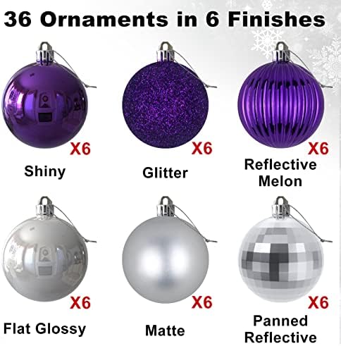 Purple & Silver 2.5" Christmas Balls Christmas Tree Decoration Ornaments Shatterproof Hanging Balls for Birthday Halloween Holiday Wedding Decorations Set of 36pcs