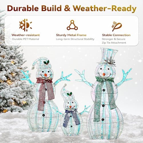 Large Christmas Snowman Family Decorations with Iridescent Rattan