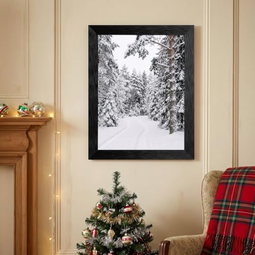 Framed Snowy Pine Path Canvas Wall Art, Winter Art, Black Frame Inch 24x36