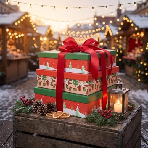 Soul & Lane - Large Christmas Gift Boxes with Lids, Set of 3, Red and Green