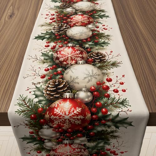 Christmas Decorations - Xmas Balls Snowflake Pine Cone Table Runner