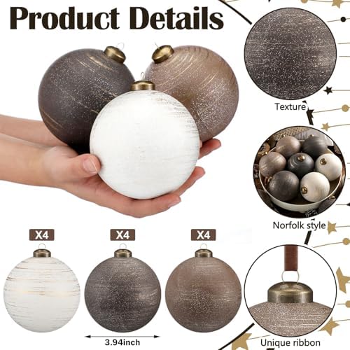 Yunlly 12 Pcs Neutral Christmas Ornament, Bronze Taupe Ivory, 4‘’